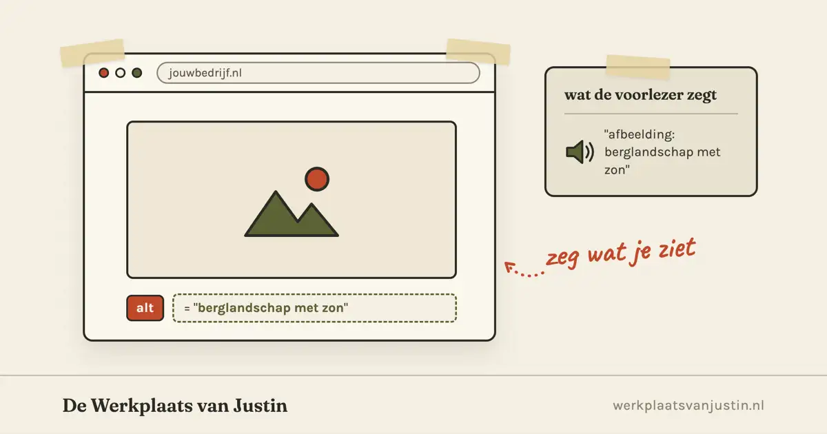 Illustratie van een browservenster met een afbeelding van bergen en een zon, daaronder de alt-tekst berglandschap met zon, en rechts een kaartje met wat de voorlezer zegt