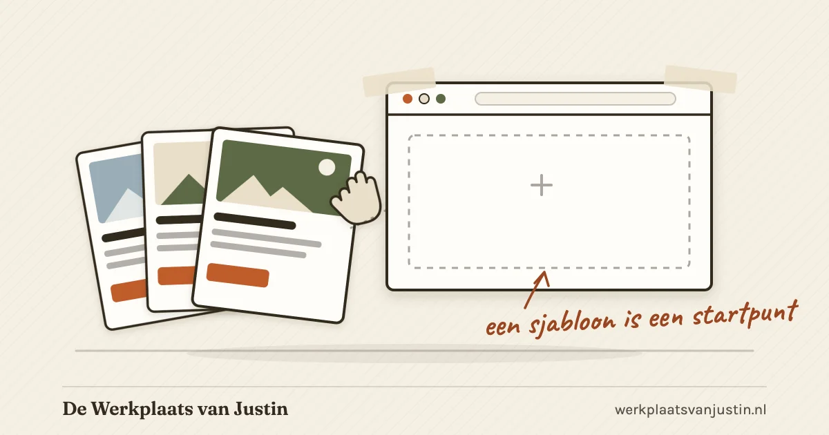Illustratie van een browservenster met sjabloonkaarten en een handje dat er een kiest