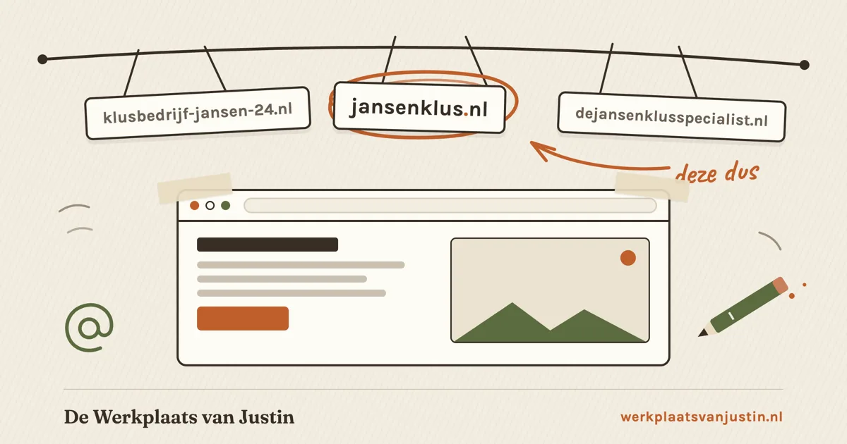 Illustratie van een domeinnaam kiezen: drie naambordjes met domeinnamen hangen aan een draad boven een browservenster, het kortste bordje is met potlood omcirkeld en heeft de aantekening deze dus