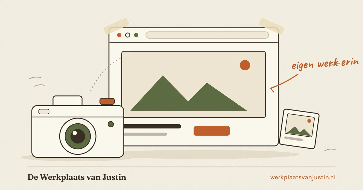 Illustratie van een fotocamera voor een browservenster met een groot fotokader met bergjes en zon, en de aantekening eigen werk erin