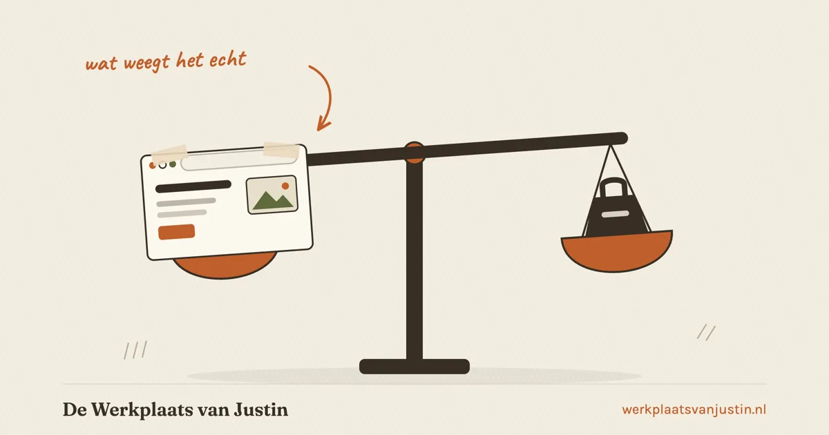 Illustratie van een goedkope website laten maken: een ouderwetse balansweegschaal met een browservenster op de ene schaal en een gewicht op de andere, met de notitie wat weegt het echt