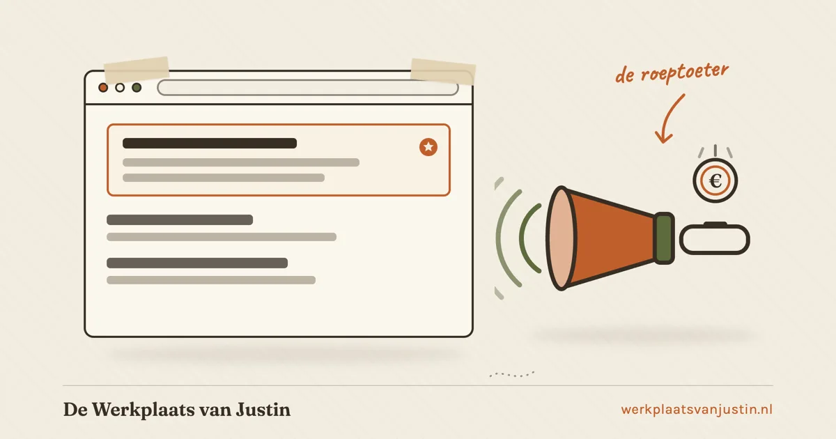 Illustratie van online adverteren: een browservenster met bovenaan een omlijnde advertentieplek in de zoekresultaten, ernaast een megafoon waar een muntje in valt
