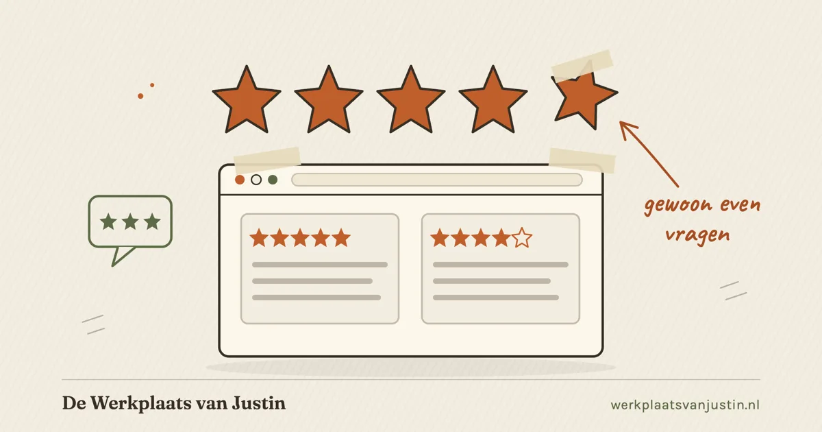 Illustratie van Google-reviews krijgen: een rij van vijf sterren boven een browservenster met reviewkaartjes, een ster met tape vastgeplakt