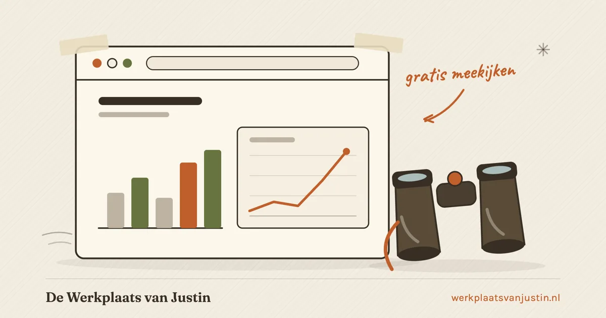 Illustratie van een browservenster met een simpel dashboard van balkjes en een stijgende lijngrafiek, met een verrekijker ervoor en de aantekening gratis meekijken