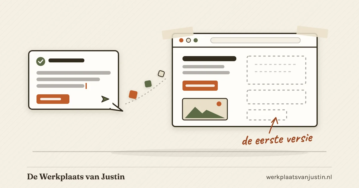 Illustratie van een chatvenster dat bouwblokken naar een browservenster stuurt dat half af is