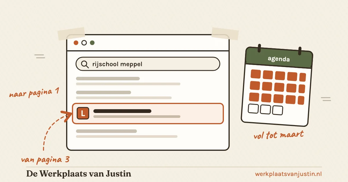 Illustratie van een zoekvenster met de zoekopdracht rijschool meppel, waarin een resultaat met een L-bordje van pagina 3 naar pagina 1 klimt, naast een volle agenda met de tekst vol tot maart