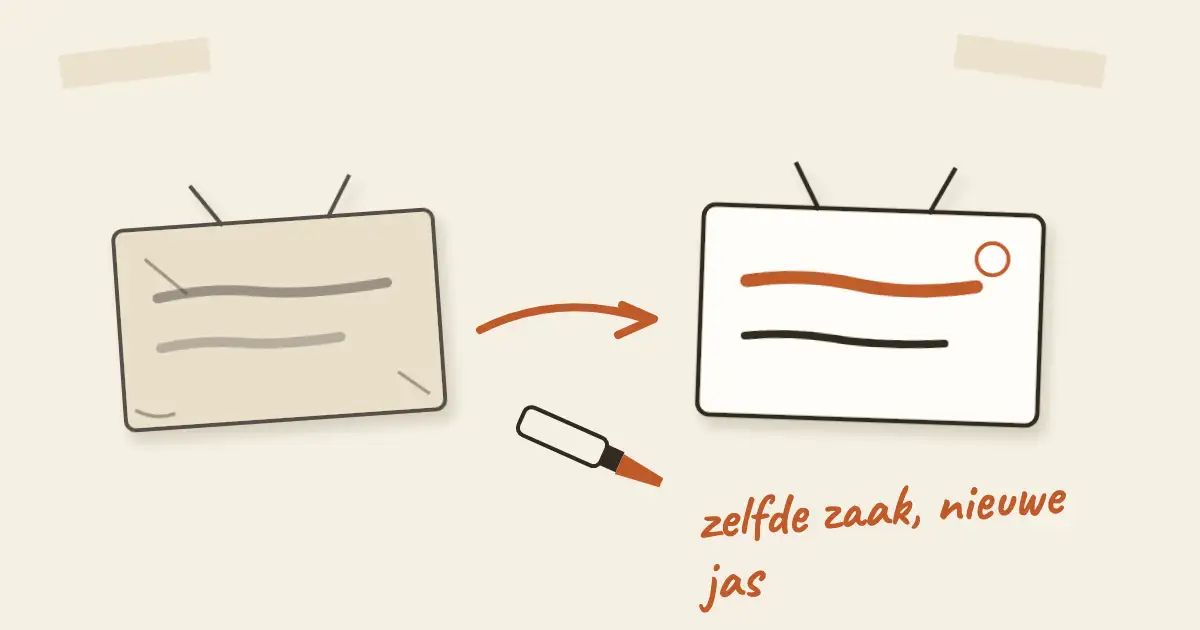 Getekend oud verweerd naambordje met een pijl en een verfkwast naar een fris nieuw naambordje, met handgeschreven notitie: zelfde zaak, nieuwe jas