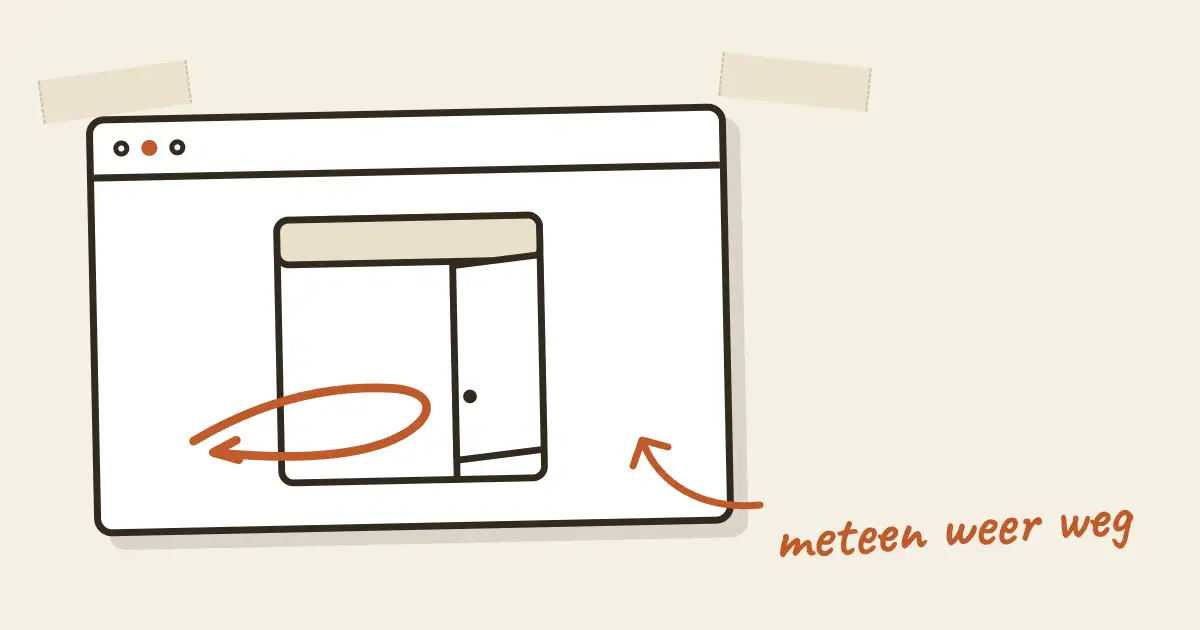 Getekende pagina met een openstaande deur en een pijl die naar binnen gaat en meteen weer naar buiten kaatst, met handgeschreven notitie: meteen weer weg