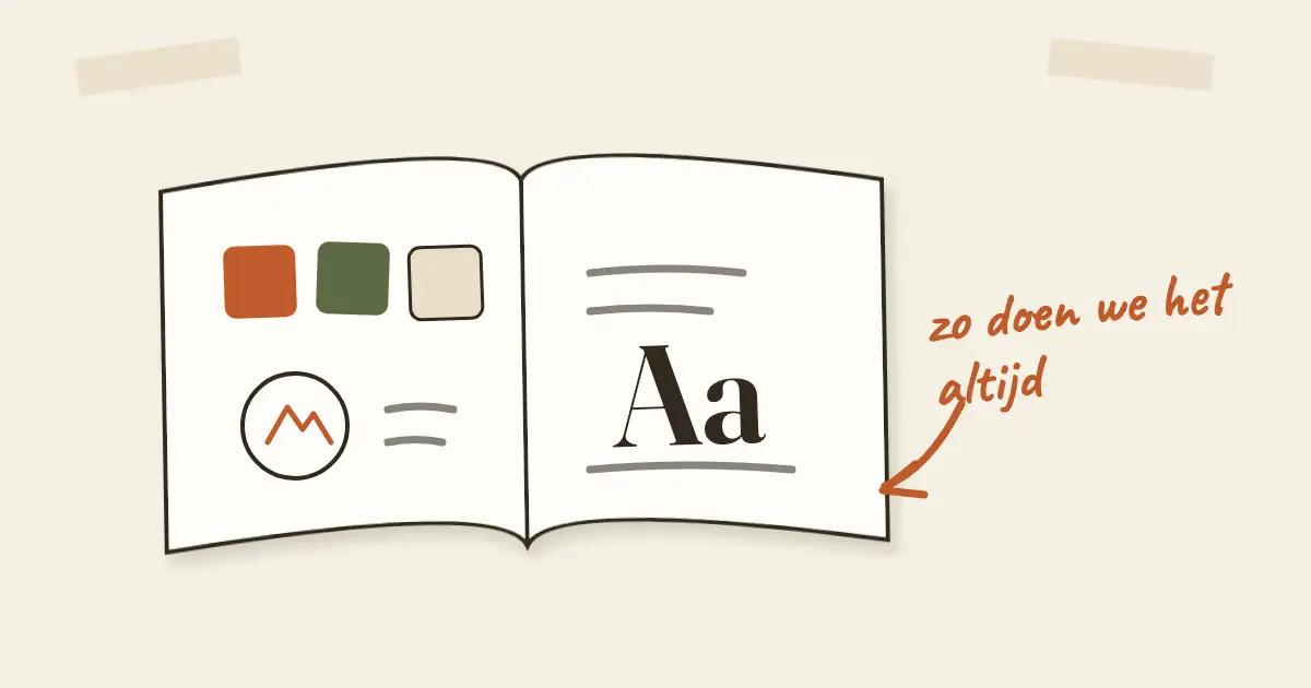 Getekend opengeslagen boekje met kleurvakjes, een grote letter A en een logo-schetsje, met handgeschreven notitie: zo doen we het altijd
