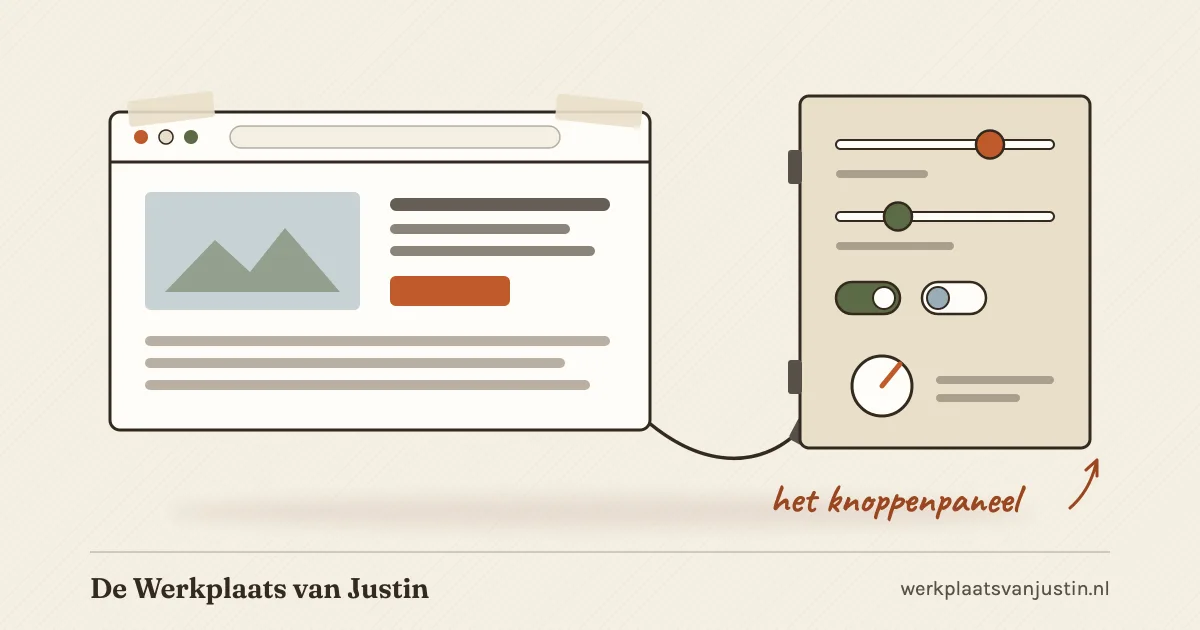 Illustratie van een browservenster dat met een kabeltje vastzit aan een paneel met grote knoppen en schuiven