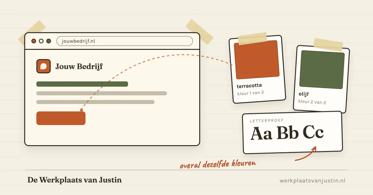 Illustratie van een browservenster in terracotta en olijfgroen met daarnaast twee verfkaartjes in dezelfde kleuren en een letterproef-kaartje met Aa Bb Cc