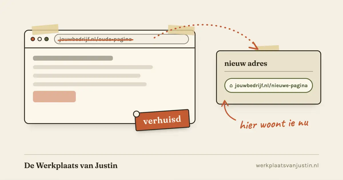 Illustratie van een browservenster met een doorgestreept oud webadres en een rood label verhuisd, met een getekende pijl naar een kaartje met het nieuwe webadres en de aantekening hier woont ie nu