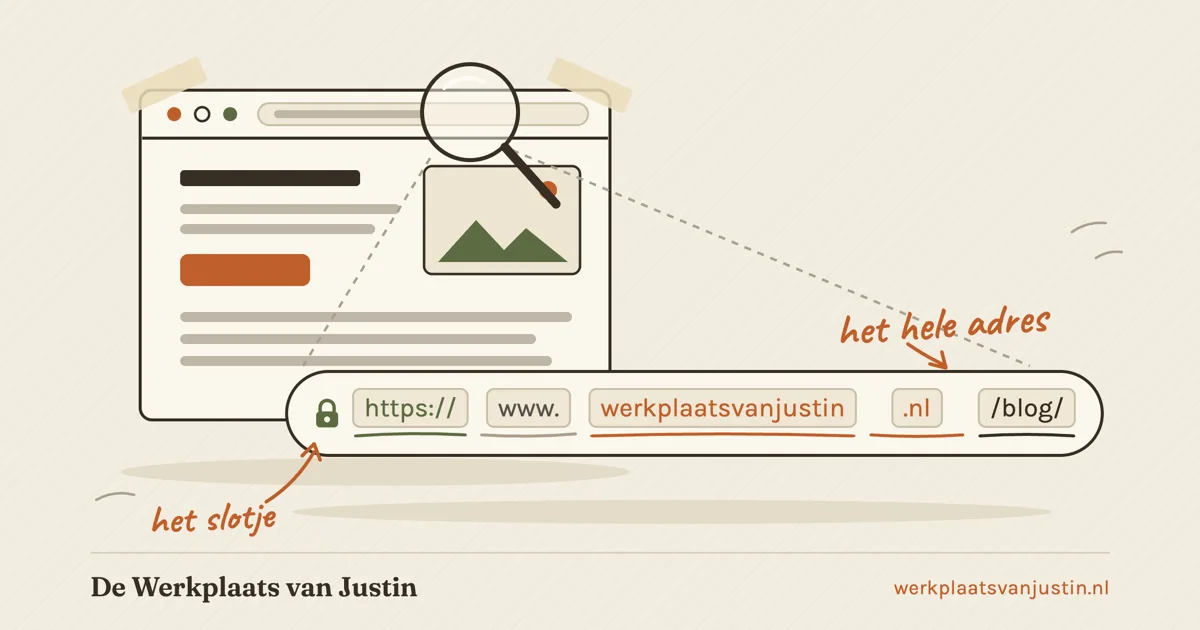 Illustratie van een browservenster met een loep op de adresbalk; eronder staat het webadres uitvergroot in losse blokjes met https, www, werkplaatsvanjustin, .nl en blog, elk blokje met potlood aangestreept