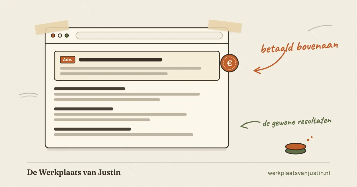 Illustratie van een browservenster met zoekresultaten: bovenaan een advertentie met het label Adv. en een muntje ernaast, daaronder de gewone resultaten
