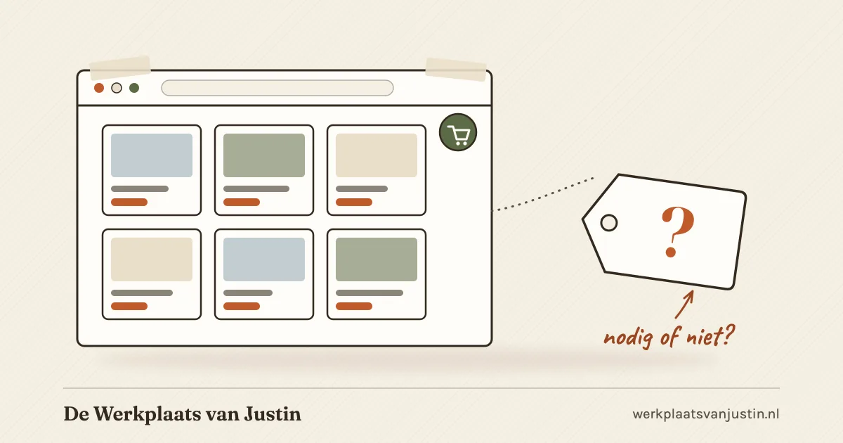 Illustratie van een browservenster als winkeltje met producttegels, een winkelwagen en een groot prijskaartje met vraagteken