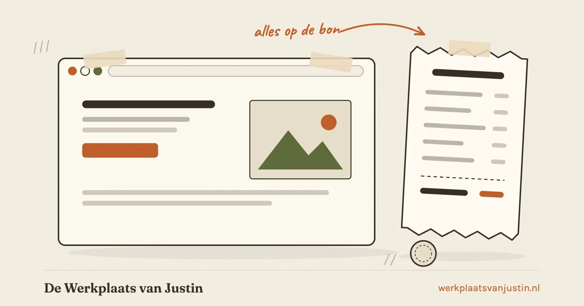 Illustratie van websitekosten: een browservenster met daarnaast een lange kassabon zonder bedragen, een muntje en de notitie alles op de bon