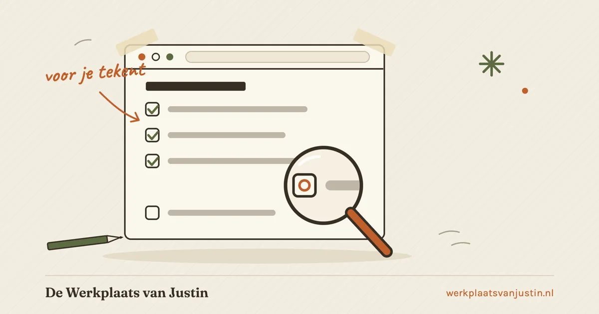 Illustratie van een checklist in een browservenster: drie punten afgevinkt, een loep vergroot een openstaand punt, met de aantekening voor je tekent