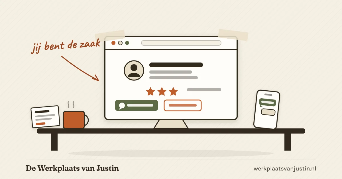 Illustratie van een klein zzp-bureau met browservenster, koffiemok, telefoon en factuur