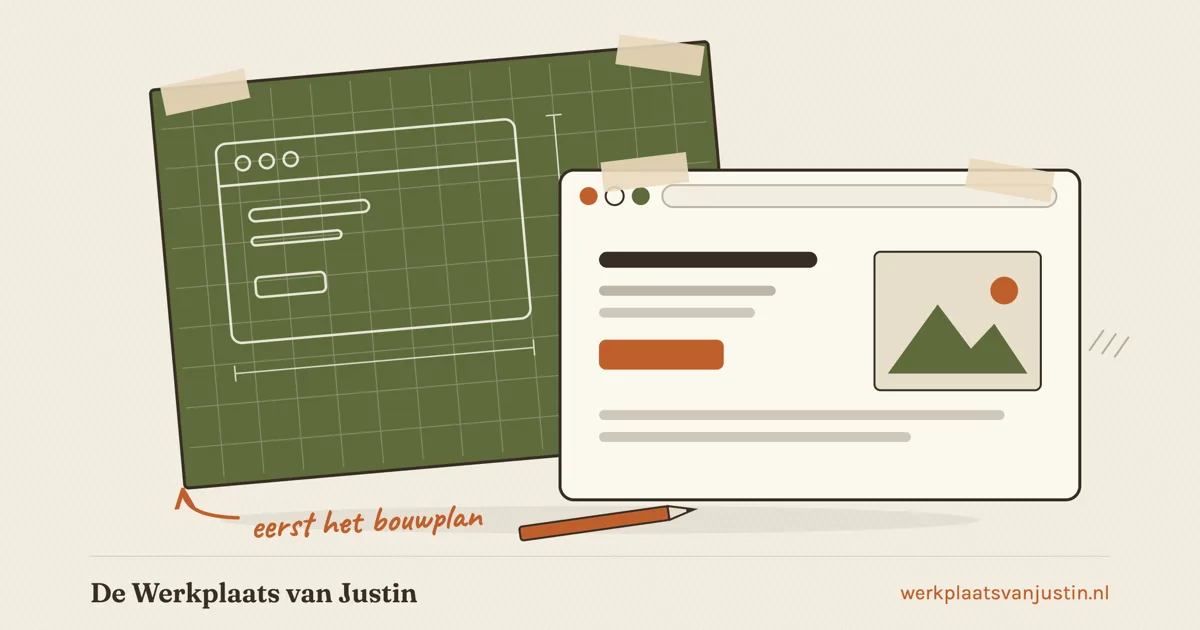 Illustratie van een website laten maken: een browservenster met daarachter een bouwtekening van dezelfde pagina op groen ruitjespapier, met een potlood en de notitie eerst het bouwplan