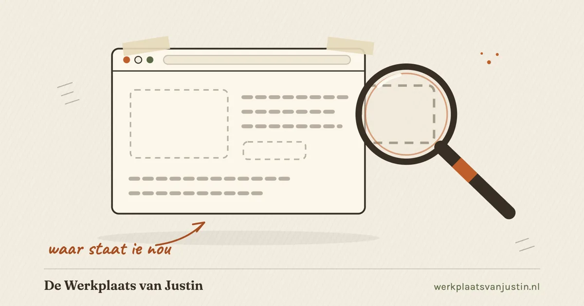 Illustratie van een website die niet te vinden is: een groot vergrootglas boven een leeg browservenster met stippellijn-vakken