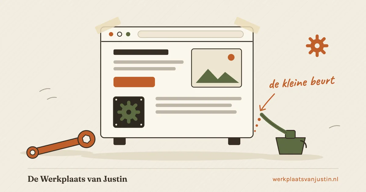 Illustratie van een browservenster met een open onderhoudsluikje met tandwiel erin, een moersleutel en een oliekannetje ernaast, met de aantekening de kleine beurt