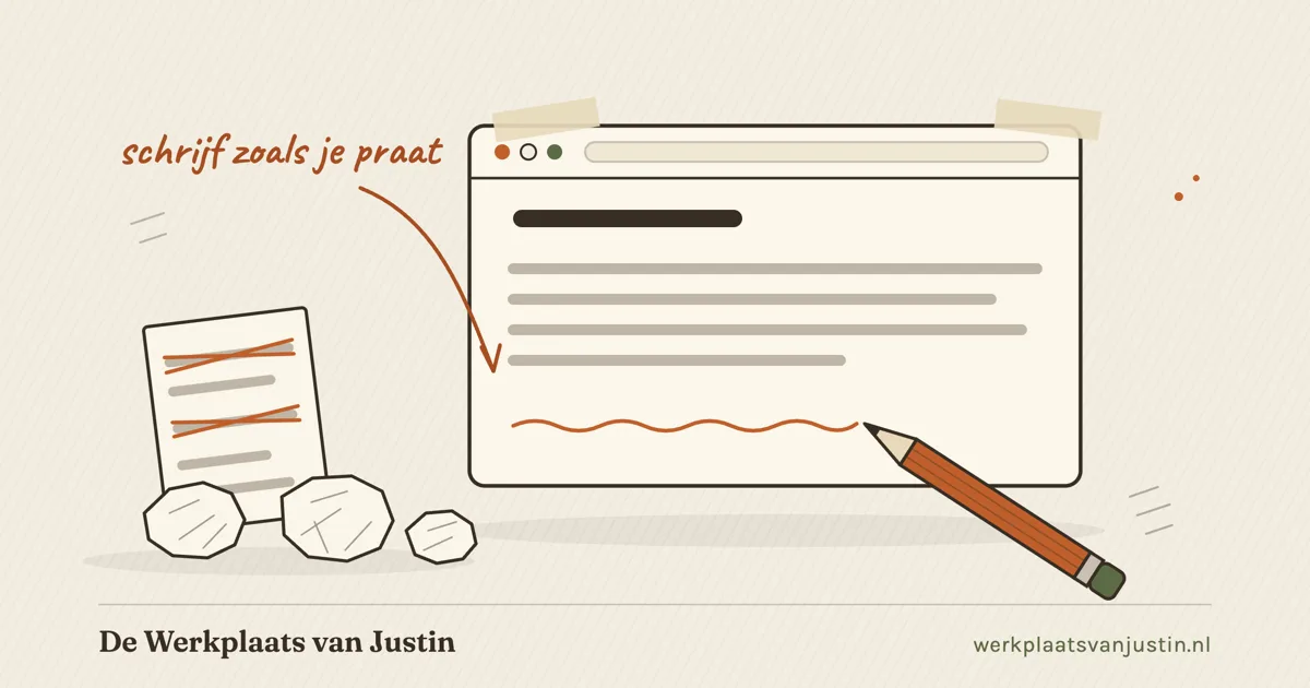 Illustratie van website teksten schrijven: een groot potlood schrijft een regel in een browservenster, met verfrommelde vellen papier ernaast