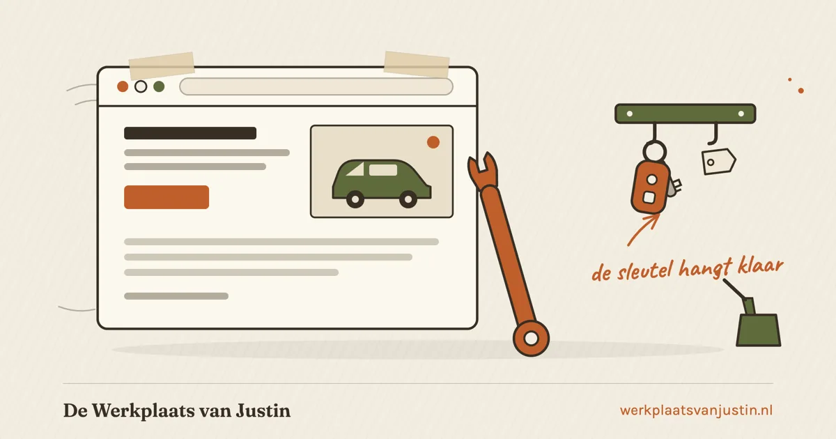 Illustratie van een website voor een autobedrijf: een browservenster met een steeksleutel ertegenaan en een autosleutel aan een sleutelrekje