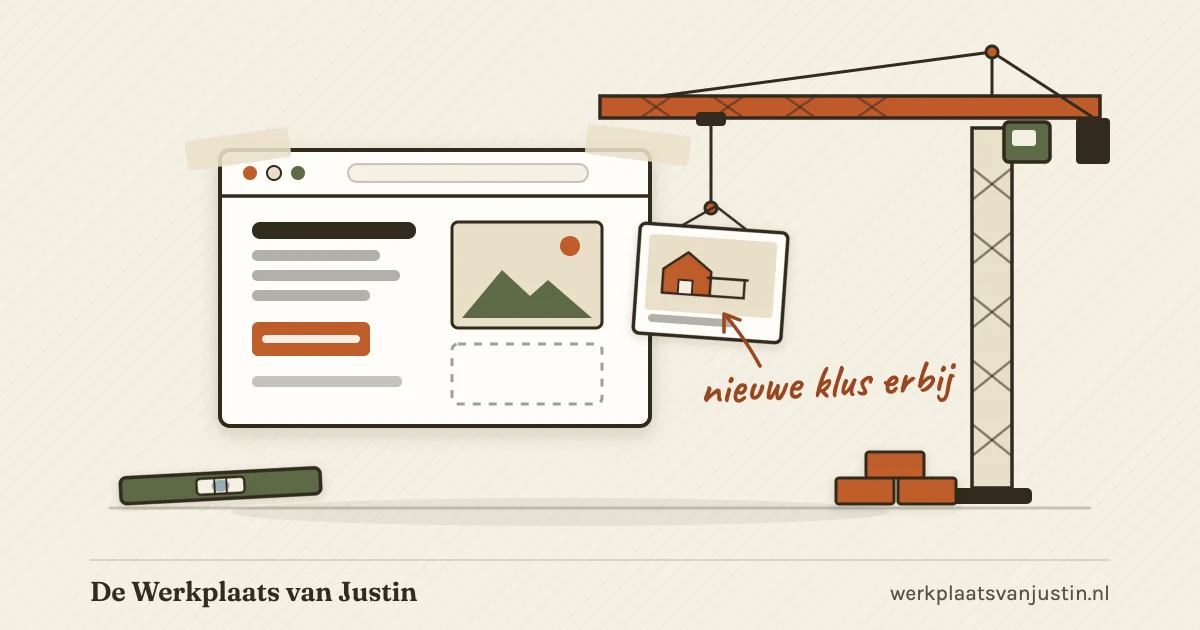 Illustratie van een bouwkraan die een projectfoto in een browservenster hijst