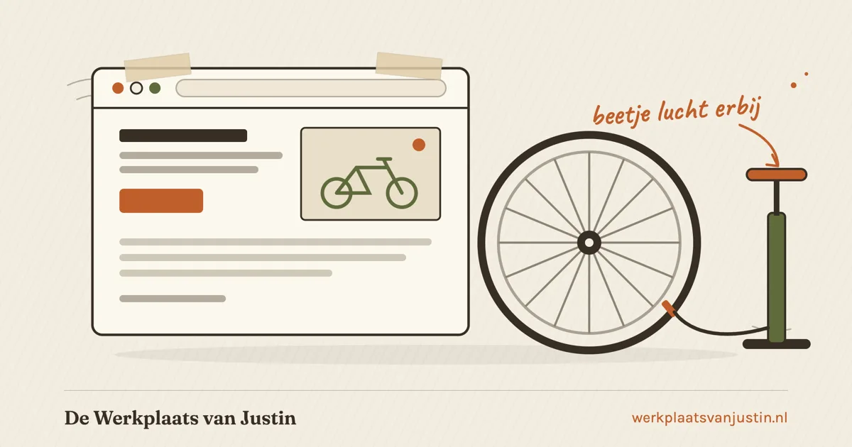 Illustratie van een website voor een fietsenmaker: een browservenster met daarnaast een fietswiel en een fietspomp met een slang naar het ventiel