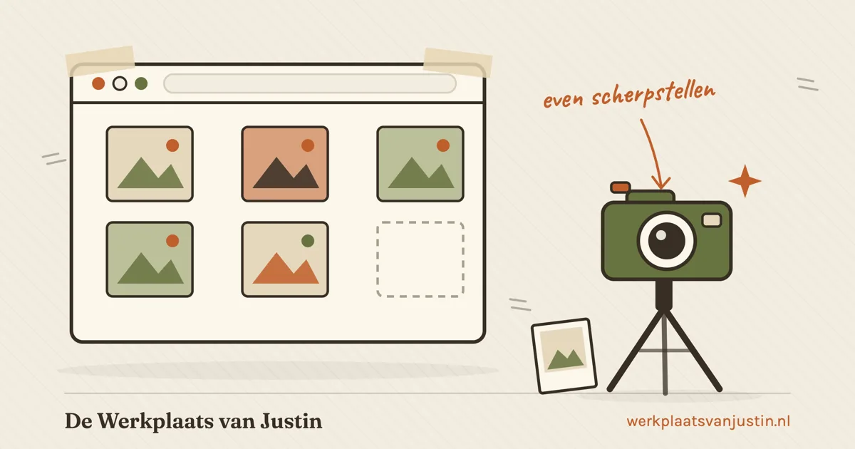 Illustratie van een browservenster met een fotoportfolio in een raster, met daarnaast een camera op een statief