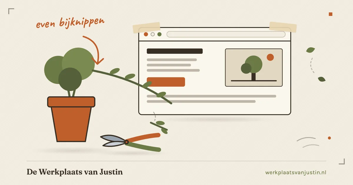 Illustratie van een website voor hoveniers: een getekend browservenster met een plant in een terracotta pot, een snoeischaar en vallende blaadjes