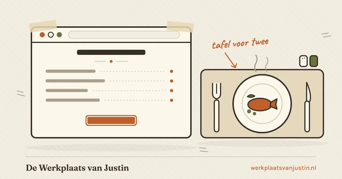 Illustratie van een browservenster met een menukaart, met daarnaast een bord met mes en vork op een placemat
