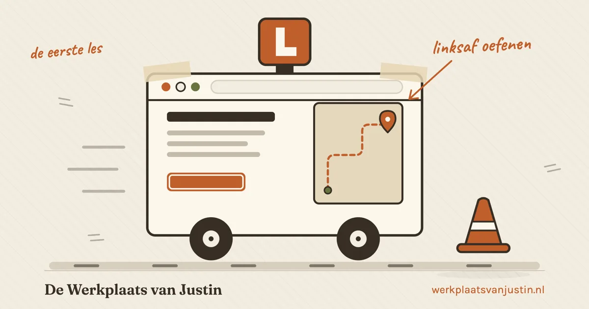 Illustratie van een browservenster als lesauto met wielen en een L-bordje op het dak, met een routekaartje op de pagina en een pion ernaast