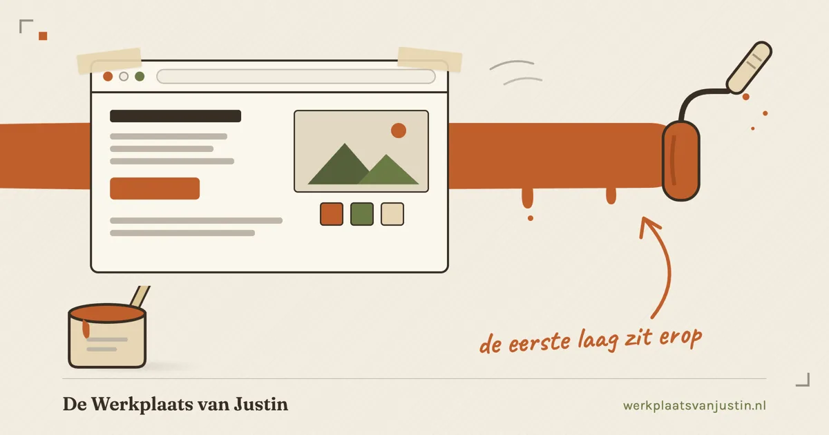 Illustratie van een website voor schilders: een verfroller zet een terracotta baan verf achter een getekend browservenster, met een verfblik ernaast