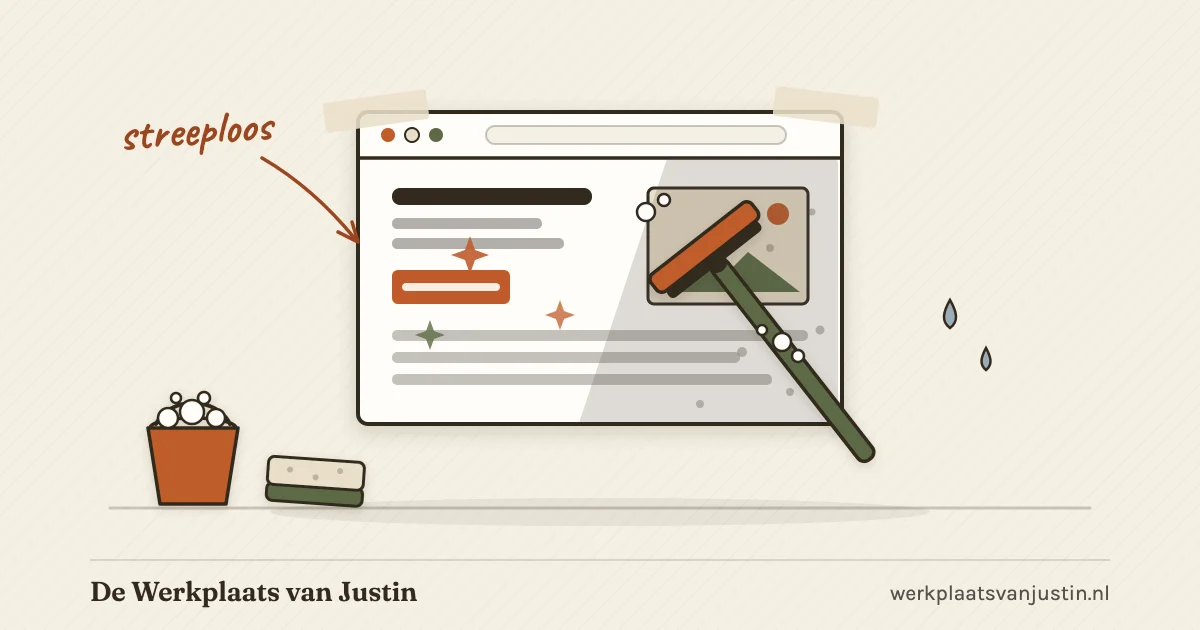Illustratie van een raamwisser die een browservenster schoonmaakt, met emmer en spons