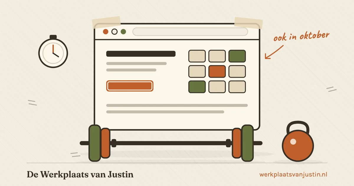 Illustratie van een browservenster met een lesrooster dat op een halter rust, met een stopwatch en een kettlebell ernaast