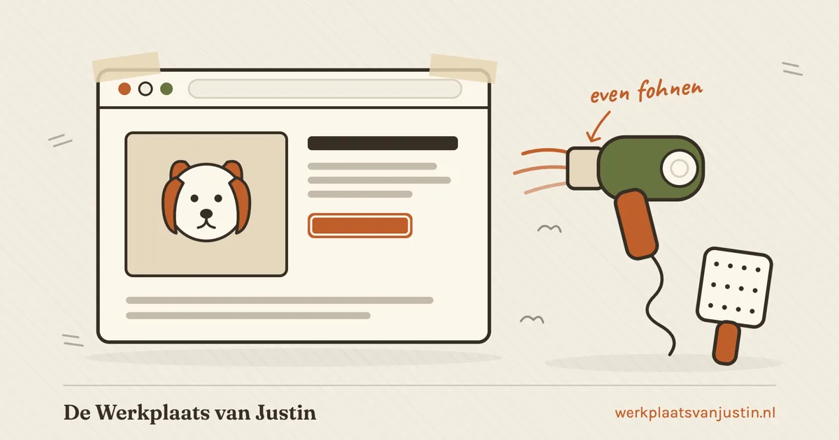 Illustratie van een browservenster met een hondenkop op de pagina, met ernaast een fohn die warme lucht blaast en een hondenborstel