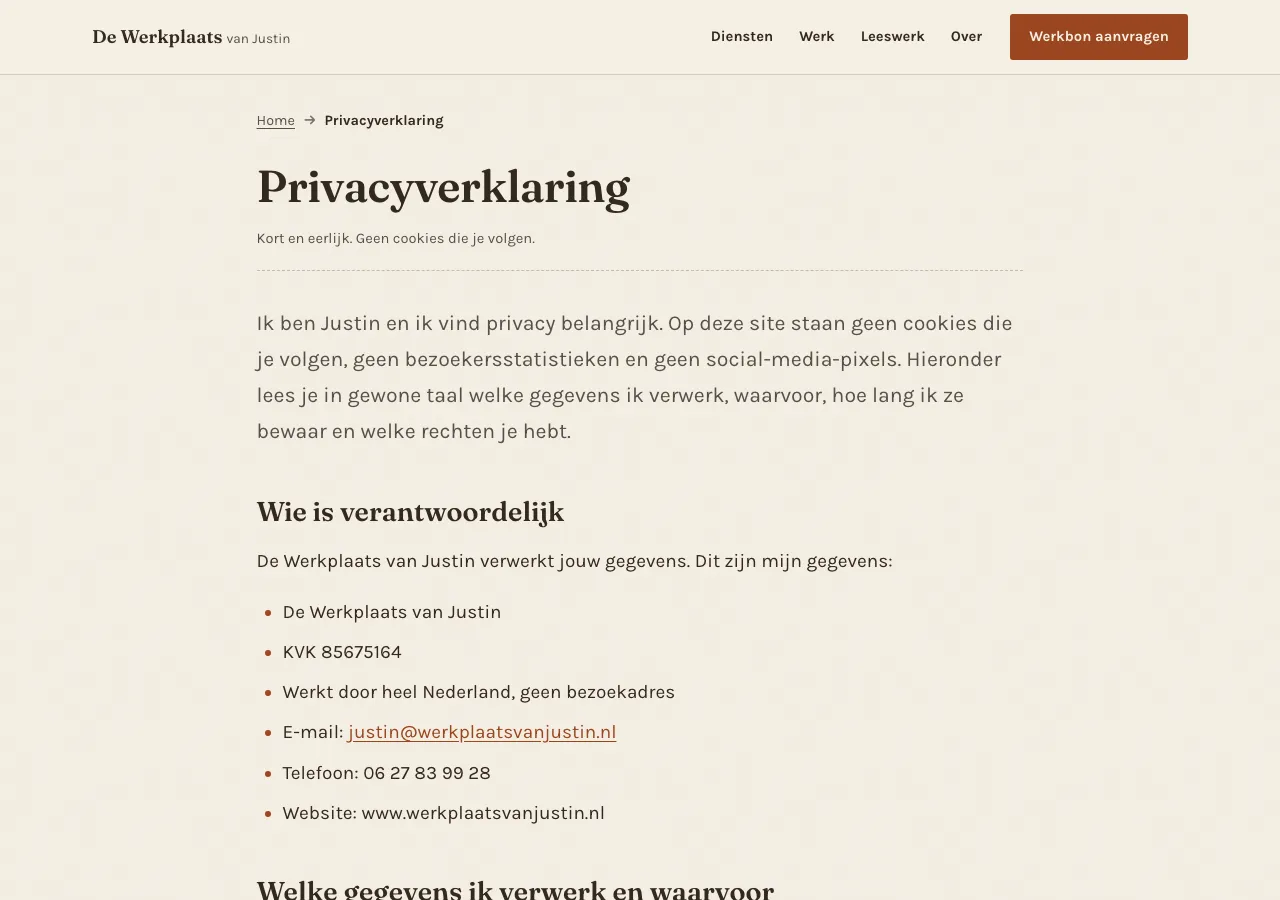 Schermafbeelding van de privacyverklaring op werkplaatsvanjustin.nl, geschreven in gewone taal