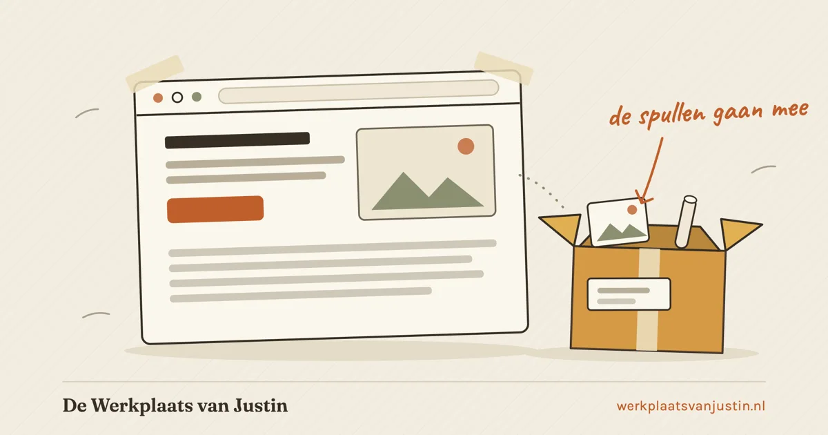 Illustratie van een browservenster met daarnaast een open verhuisdoos met een foto en een opgerold vel erin, en de aantekening de spullen gaan mee
