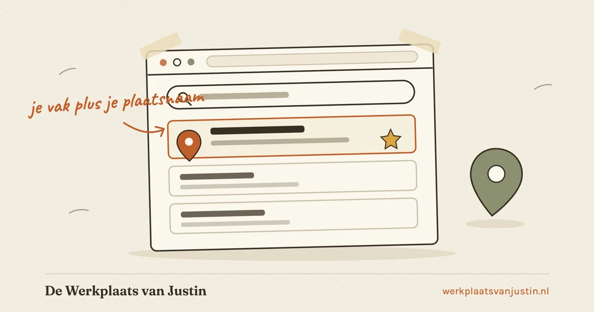 Illustratie van een browservenster met zoekbalk en zoekresultaten, het bovenste resultaat met kaart-pin en ster uitgelicht, en de aantekening je vak plus je plaatsnaam