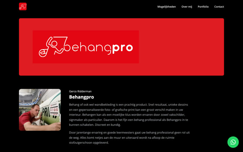 Startpagina van de nieuwe website van BehangPro: rode banner met het behangpro-logo, foto van Gerco Ridderman aan het werk en een korte introductietekst