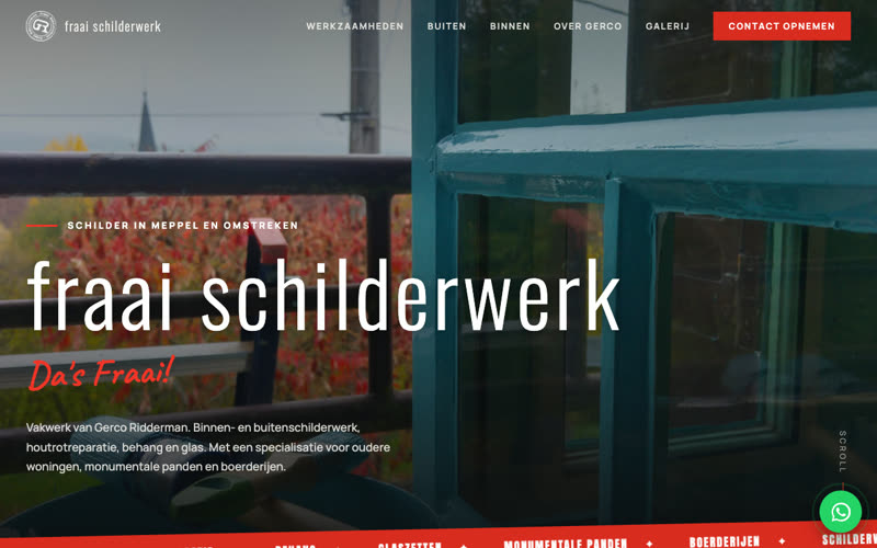 Startpagina van de nieuwe website van Fraai Schilderwerk: donkere foto van een geschilderd raamkozijn met de wordmark fraai schilderwerk en de slogan Da's Fraai!